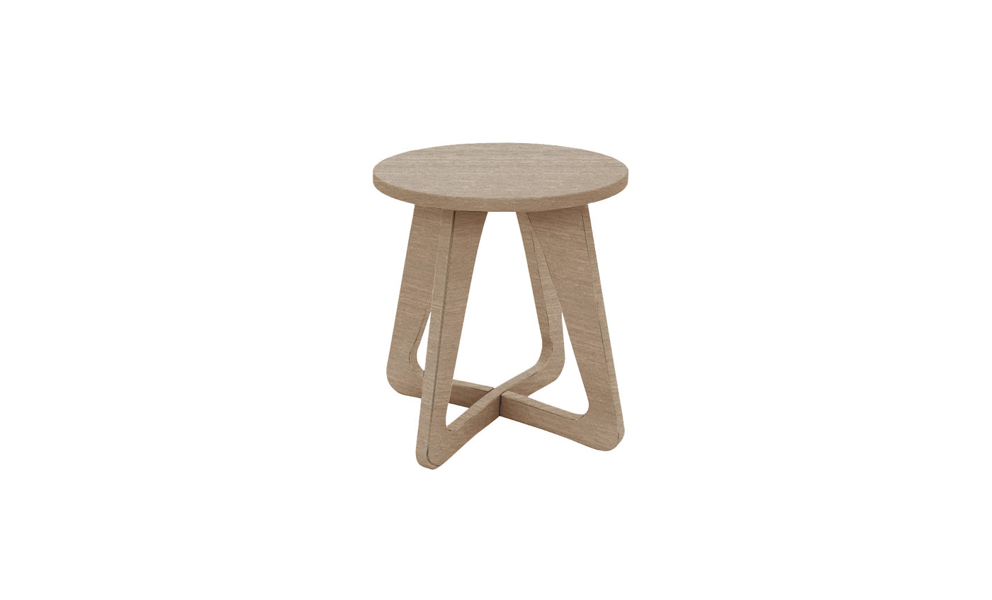 The Ledge Lounger Mainstay Stool features a wooden round top and three interlocking curved legs in a light wood finish. This minimalist, modern design is perfect for patios, offering versatile elegance to any outdoor setting.