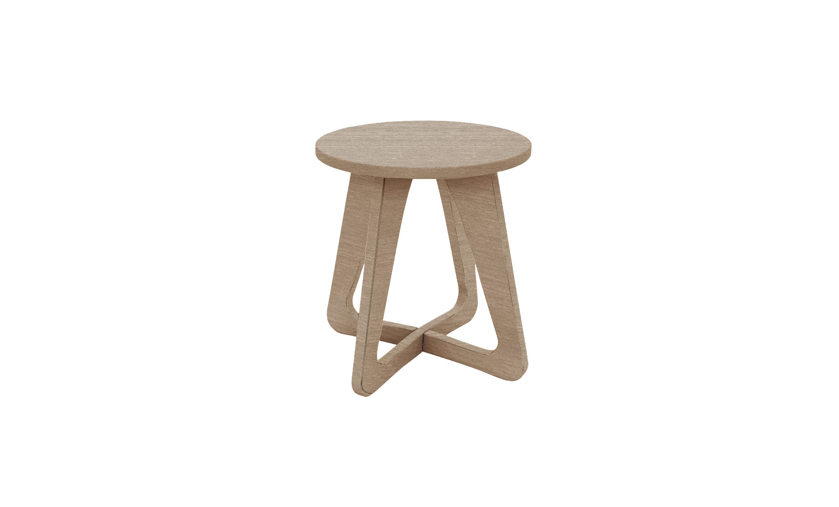 The Ledge Lounger Mainstay Stool features a wooden round top and three interlocking curved legs in a light wood finish. This minimalist, modern design is perfect for patios, offering versatile elegance to any outdoor setting.