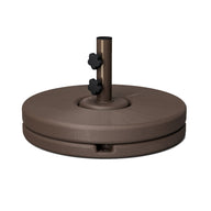 The Ledge Lounger Resin Coated Concrete Umbrella Base in brown provides a sturdy foundation with a central pole for center pole umbrellas. It features adjustable knobs, a smooth finish, and offers convenient drainage or carrying access to enhance your outdoor dining experience.
