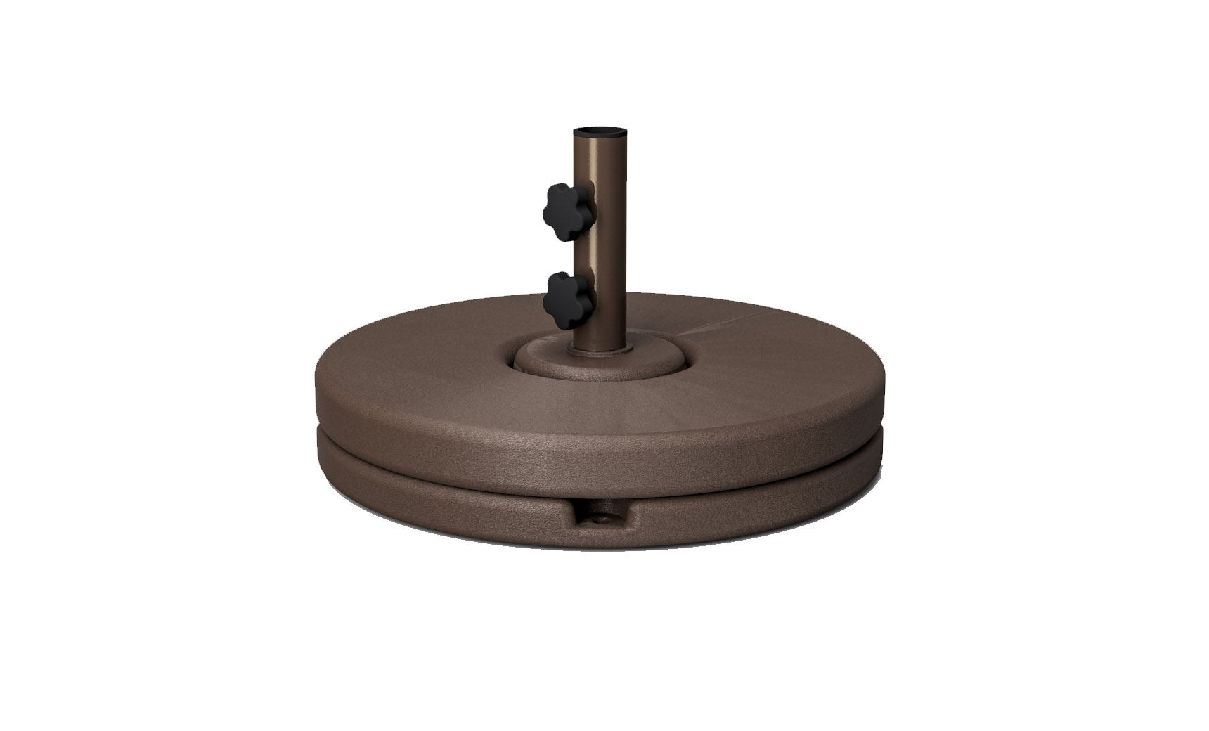 The Ledge Lounger Resin Coated Concrete Umbrella Base in brown provides a sturdy foundation with a central pole for center pole umbrellas. It features adjustable knobs, a smooth finish, and offers convenient drainage or carrying access to enhance your outdoor dining experience.