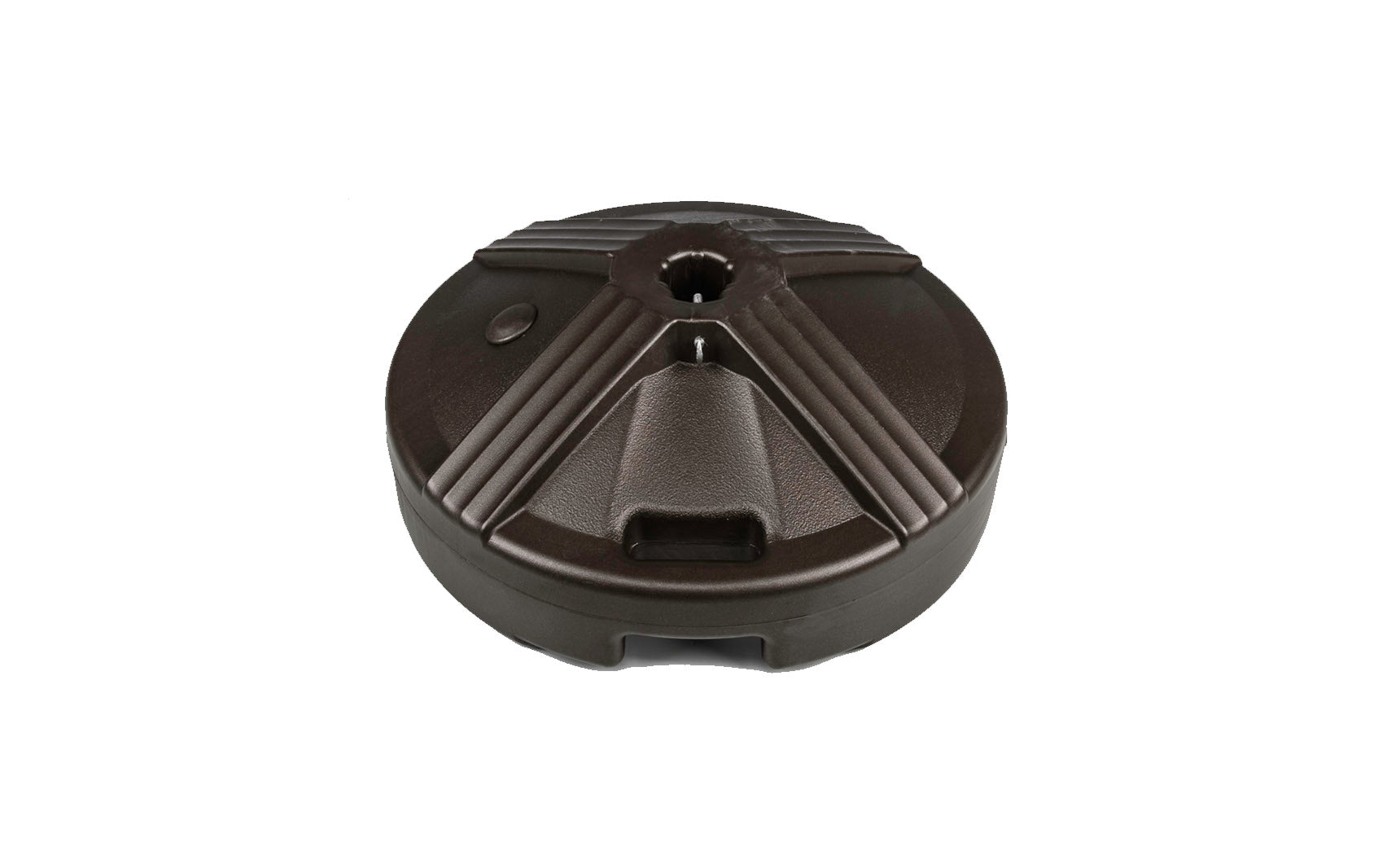 The Ledge Lounger Resin Coated Concrete Umbrella Base boasts a black, circular, textured surface and is perfect for center pole umbrellas. It secures the umbrella with a central hole, enhancing any outdoor dining setup.