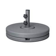 The Ledge Lounger Resin Coated Concrete Umbrella Base features a gray circular design with a central vertical pole and adjustable knobs, perfect for supporting center pole umbrellas. Its subtle texture adds elegance to elevate your outdoor dining experience.