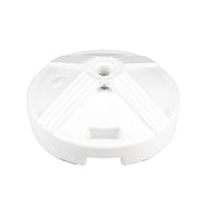A white, circular object with radial ridges and a central hole is set against a plain background, resembling tranquility akin to an outdoor dining space. This is the Resin Coated Concrete Umbrella Base by Ledge Lounger.