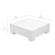 Meet the Signature Coffee Table by Ledge Lounger: a white, minimalist square table on short legs, measuring 32 x 32 x 12. Perfectly crafted for chic aesthetics, its an ideal addition to your poolside essentials.