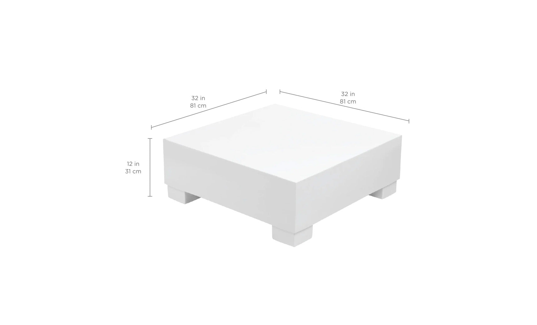 Meet the Signature Coffee Table by Ledge Lounger: a white, minimalist square table on short legs, measuring 32 x 32 x 12. Perfectly crafted for chic aesthetics, its an ideal addition to your poolside essentials.