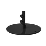 The Ledge Lounger Steel Plate Umbrella Base, in black with a round design, features a vertical cylindrical pole with two adjustable knobs and a modern powder-coated finish, ideal for supporting center pole umbrellas.