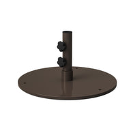 The Ledge Lounger Steel Plate Umbrella Base is a round, brown steel base with a vertical post, featuring a durable powder-coated finish. It includes two black adjustment knobs and four holes for surface mounting. Perfect for stabilizing center pole umbrellas.