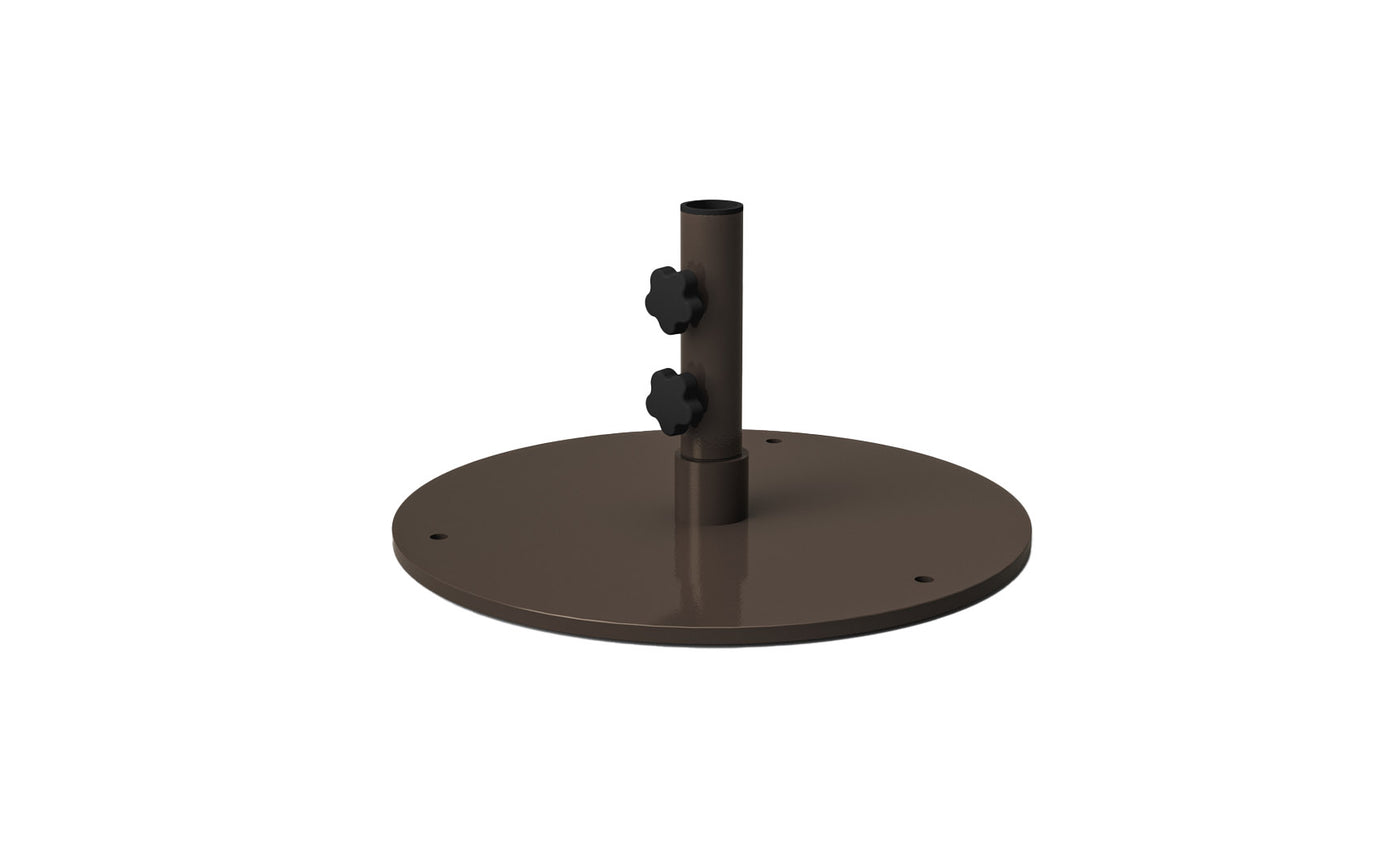 The Ledge Lounger Steel Plate Umbrella Base is a round, brown steel base with a vertical post, featuring a durable powder-coated finish. It includes two black adjustment knobs and four holes for surface mounting. Perfect for stabilizing center pole umbrellas.