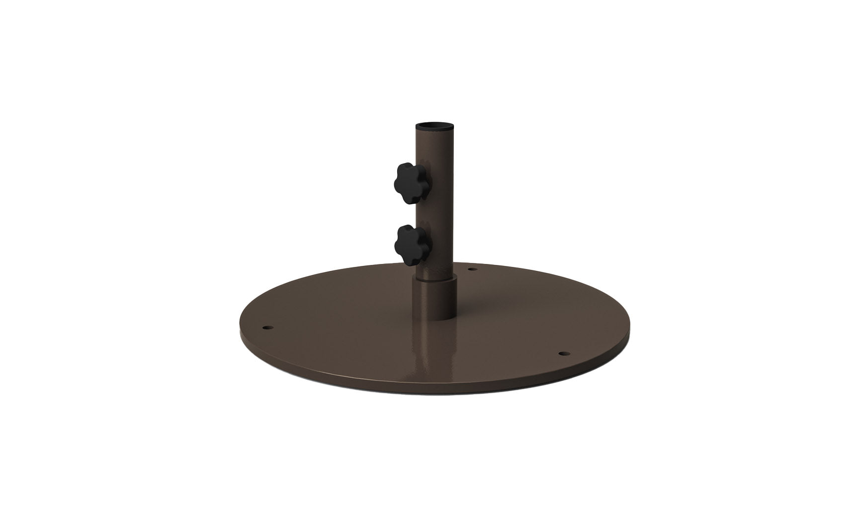 The Ledge Lounger Steel Plate Umbrella Base is a round, brown steel base with a vertical post, featuring a durable powder-coated finish. It includes two black adjustment knobs and four holes for surface mounting. Perfect for stabilizing center pole umbrellas.