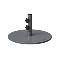 The Ledge Lounger Steel Plate Umbrella Base features a gray metal base stand with a cylindrical pole and two black adjustment knobs. Its powder-coated steel plate base has four mounting holes and offers a smooth, reflective finish for durability.