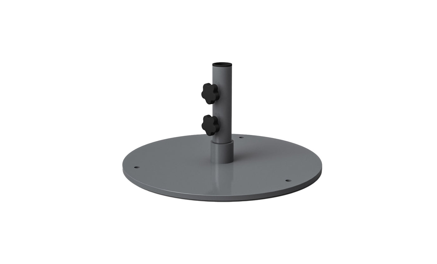 The Ledge Lounger Steel Plate Umbrella Base features a gray metal base stand with a cylindrical pole and two black adjustment knobs. Its powder-coated steel plate base has four mounting holes and offers a smooth, reflective finish for durability.