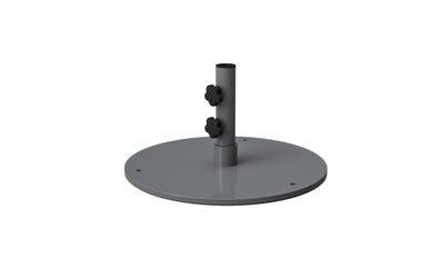 The Ledge Lounger Steel Plate Umbrella Base features a gray metal base stand with a cylindrical pole and two black adjustment knobs. Its powder-coated steel plate base has four mounting holes and offers a smooth, reflective finish for durability.