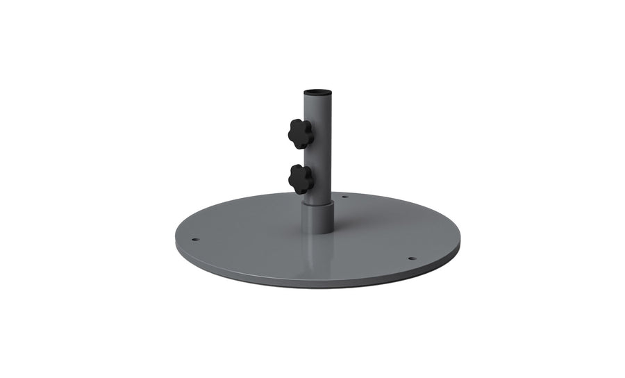 The Ledge Lounger Steel Plate Umbrella Base features a gray metal base stand with a cylindrical pole and two black adjustment knobs. Its powder-coated steel plate base has four mounting holes and offers a smooth, reflective finish for durability.