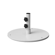 The Ledge Lounger Steel Plate Umbrella Base, in white, features a short pole for center pole umbrellas. It has two black knobs and a powder-coated finish for durability. Small holes near the edge enhance its sleek, modern design.
