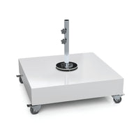 The Ledge Lounger Steel Shell Cantilever Base features a sleek steel shell with a rectangular platform on four wheels. Its shiny surface enhances the modern design, and the central pole with two tightening knobs ensures stability, all set against a plain white background.