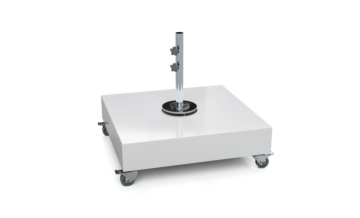 The Ledge Lounger Steel Shell Cantilever Base features a sleek steel shell with a rectangular platform on four wheels. Its shiny surface enhances the modern design, and the central pole with two tightening knobs ensures stability, all set against a plain white background.