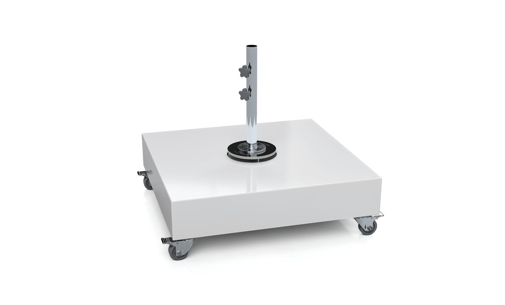 The Ledge Lounger Steel Shell Cantilever Base features a sleek steel shell with a rectangular platform on four wheels. Its shiny surface enhances the modern design, and the central pole with two tightening knobs ensures stability, all set against a plain white background.