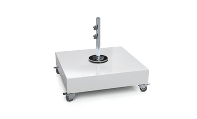 The Ledge Lounger Steel Shell Cantilever Base features a sleek steel shell with a rectangular platform on four wheels. Its shiny surface enhances the modern design, and the central pole with two tightening knobs ensures stability, all set against a plain white background.