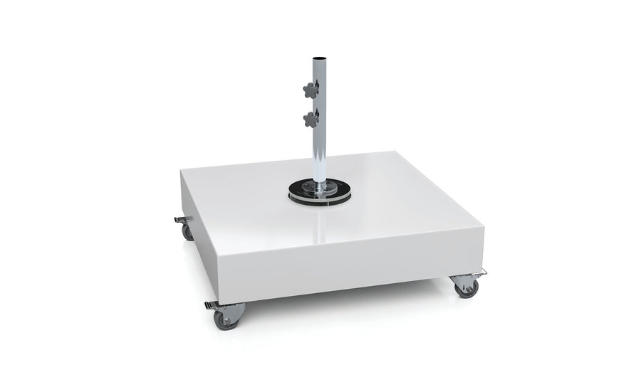 The Ledge Lounger Steel Shell Cantilever Base features a sleek steel shell with a rectangular platform on four wheels. Its shiny surface enhances the modern design, and the central pole with two tightening knobs ensures stability, all set against a plain white background.