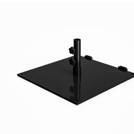 The Ledge Lounger Steel Plate Umbrella Base includes a black metal base with a powder-coated finish, a central cylindrical pipe, adjustable knobs, and corner holes for secure mounting. Perfect for supporting center pole umbrellas.