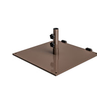 The Ledge Lounger Steel Plate Umbrella Base is a brown metal square with a central vertical pole, designed for center pole umbrellas. It features a powder-coated finish, two black adjustment knobs, and four corner holes, all set against a white background.