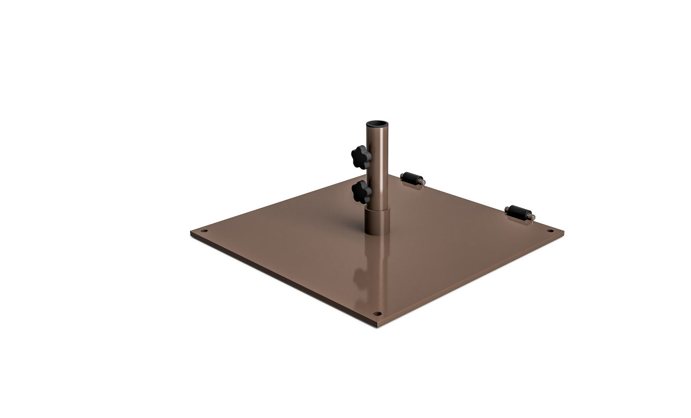 The Ledge Lounger Steel Plate Umbrella Base is a brown metal square with a central vertical pole, designed for center pole umbrellas. It features a powder-coated finish, two black adjustment knobs, and four corner holes, all set against a white background.