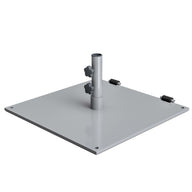 The Ledge Lounger Steel Plate Umbrella Base is a gray, powder-coated steel baseplate with an upright cylindrical central tube. It is ideal for center pole umbrellas and features two adjustable knobs, four corner mounting holes, and two cable connectors on one side.