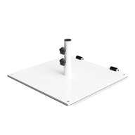 The Steel Plate Umbrella Base by Ledge Lounger is a white flat rectangular steel plate with a vertical center pole, perfect for center pole umbrellas. It has two black adjustment knobs, a durable powder-coated finish, and two black clips.
