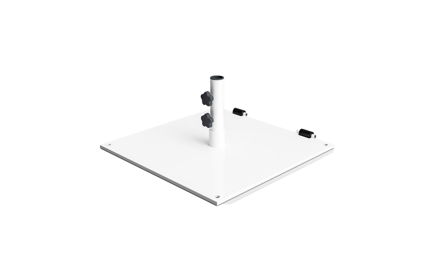 The Steel Plate Umbrella Base by Ledge Lounger is a white flat rectangular steel plate with a vertical center pole, perfect for center pole umbrellas. It has two black adjustment knobs, a durable powder-coated finish, and two black clips.