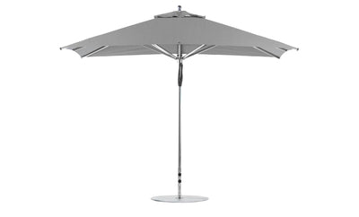 The Ledge Lounger Premier Aluminum Umbrella boasts an 8.5 rectangular canopy with a slim metal pole and round base, featuring marine-grade fabrics for durability and a minimalist design.