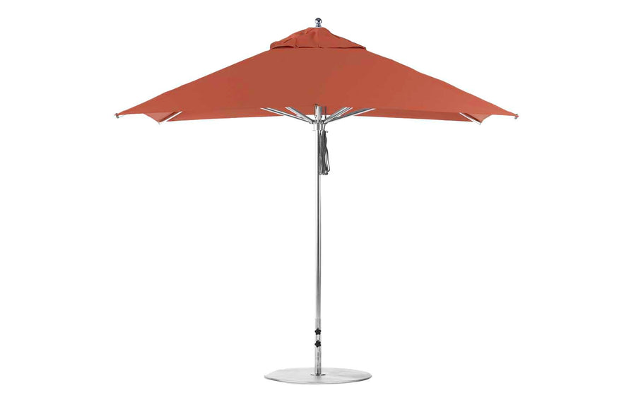 The Ledge Lounger Premier Aluminum Umbrella features a 10 square canopy in red, with a metal pole and round base. Its marine-grade, wind-resistant fabric offers optimal shade when fully open.