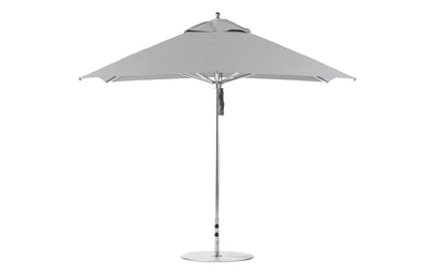 The Premier Aluminum Umbrella by Ledge Lounger features a 10 square canopy with a metal pole and base, made from marine-grade fabrics for durability. Perfect for outdoor use, it provides ample shade while fully open.