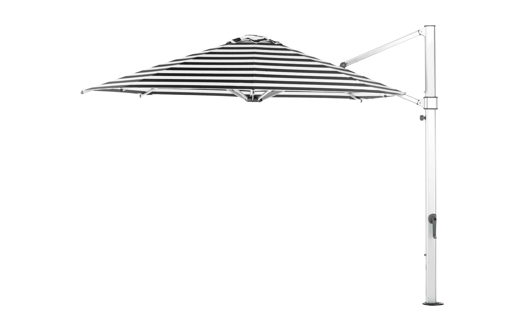 The Ledge Lounger Ultra Cantilever Umbrella - 11 Octagon features a black and white striped canopy with a side pole and crank handle, complete with a rechargeable outdoor umbrella light. The sleek silver pole enhances your patio space against a pristine white background.