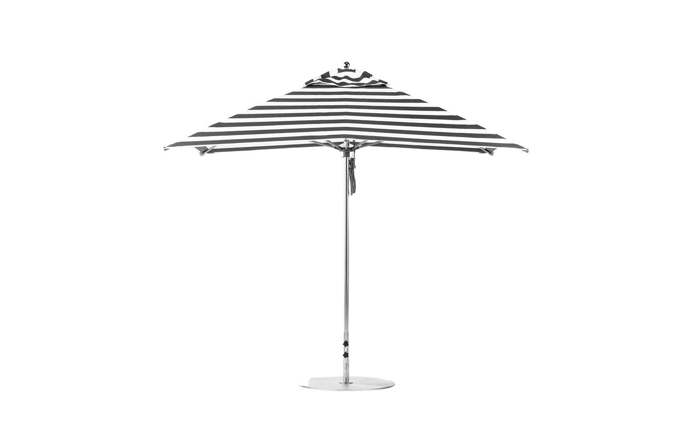 The Ledge Lounger Essential Fiberglass Umbrella features a black and white striped design on marine-grade fabrics, a sturdy metal stand, and an elegant fiberglass frame. The 10 square pulley umbrella has alternating stripes forming a circular pattern against a white background.