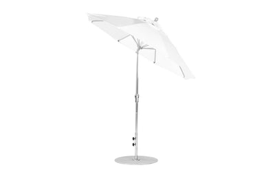 The Ledge Lounger Essential Fiberglass Umbrella - 7.5 Octagon Crank Auto Tilt offers a white canopy on a sturdy metal pole with a round base. Its modern tilt design and marine-grade fabric ensure wind resistance, making it ideal for your garden or patio.