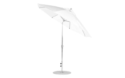 The Ledge Lounger Essential Fiberglass Umbrella, a 9 octagon crank auto tilt, features a large white canopy with a stainless steel pole and base. Crafted from marine-grade fabric, its slightly tilted for outdoor use, ensuring shade and modern style.