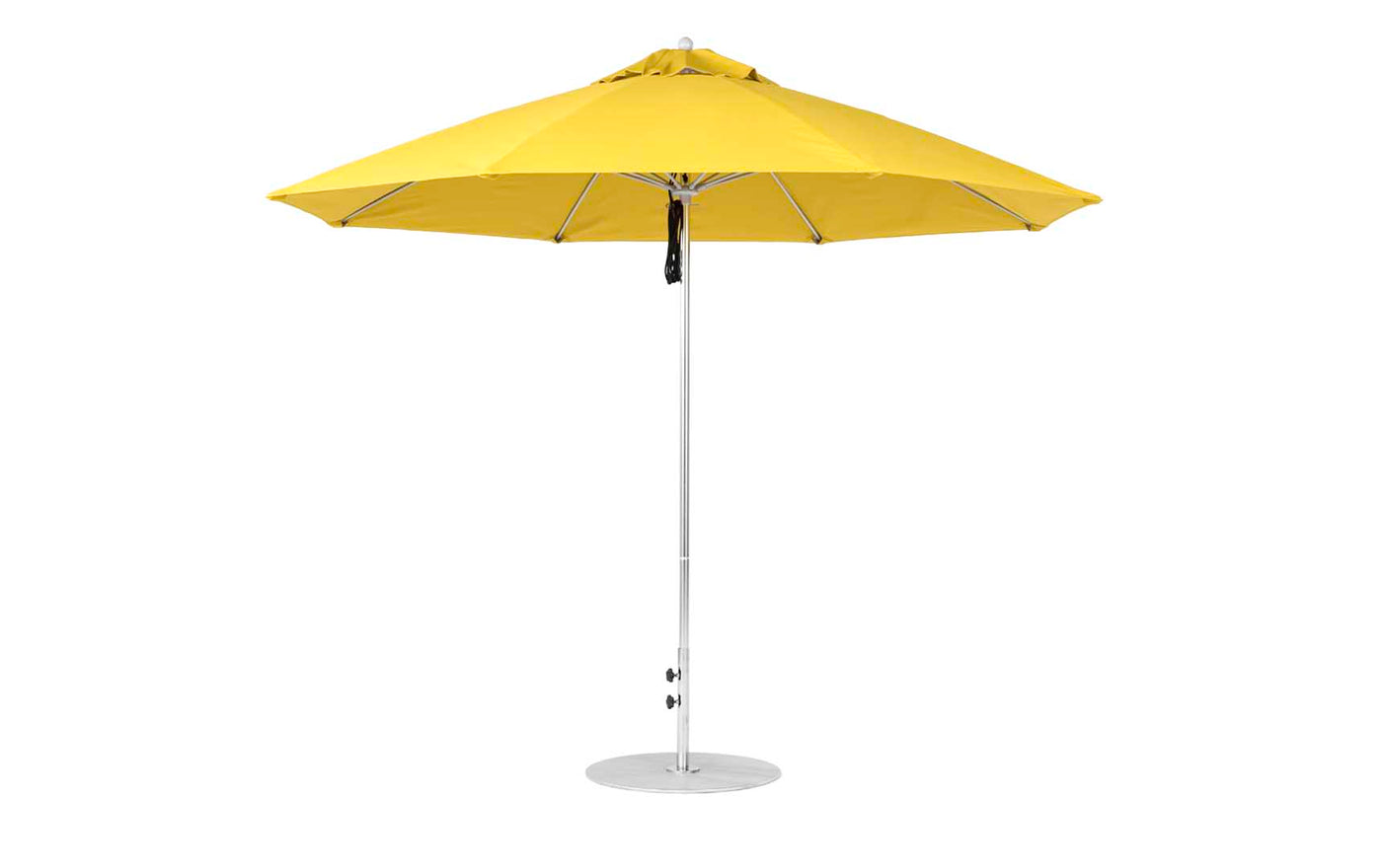 The Essential Fiberglass Umbrella - 11 Octagon Pulley by Ledge Lounger features a yellow marine-grade canopy supported by a slender white pole and circular base, elegantly set against a white background.