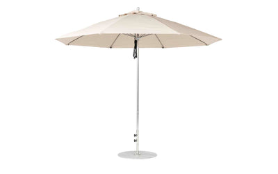 The Essential Fiberglass Umbrella - 11 Octagon Pulley by Ledge Lounger is crafted with marine-grade fabrics, featuring a metal pole and round base. Its minimalist design provides ample shade when fully opened, making it an ideal wind-resistant addition to any garden or patio.