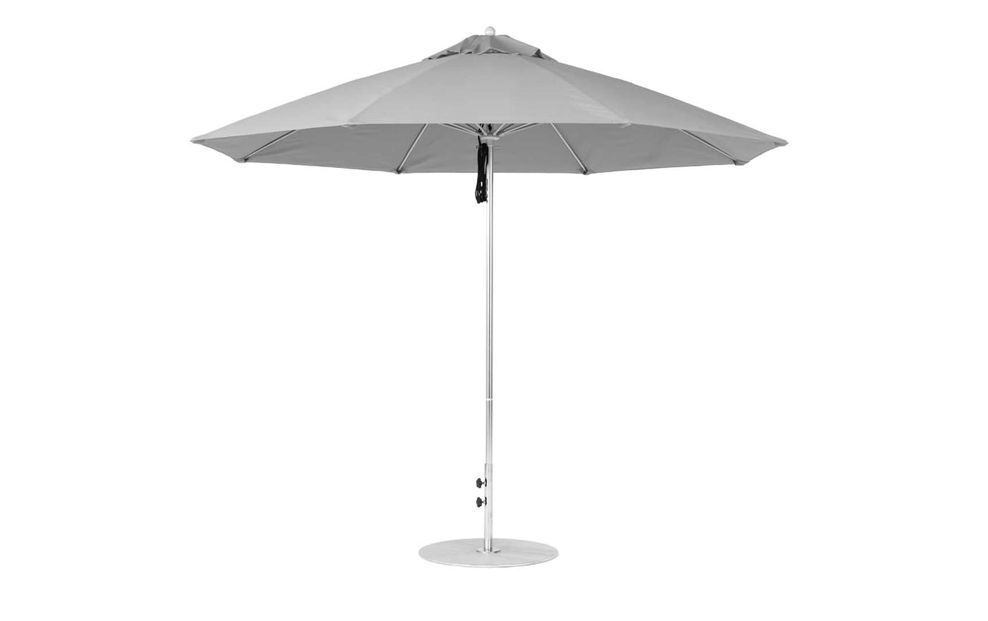 The Essential Fiberglass Umbrella - 11 Octagon Pulley by Ledge Lounger is a large, grey marine-grade outdoor umbrella with a silver pole and robust round base. Its fully opened fiberglass structure ensures central support, stability, and excellent wind resistance.