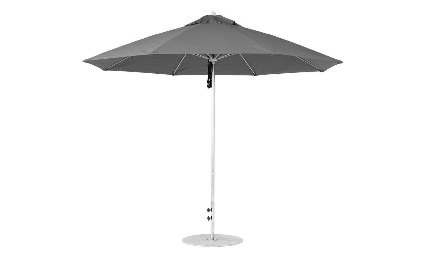 The Ledge Lounger Essential Fiberglass Umbrella features an 11 octagon canopy made from marine-grade fabric, supported by a straight metal pole on a circular base. Its wind-resistant design is shown fully open against a white background, highlighting its sleek simplicity.