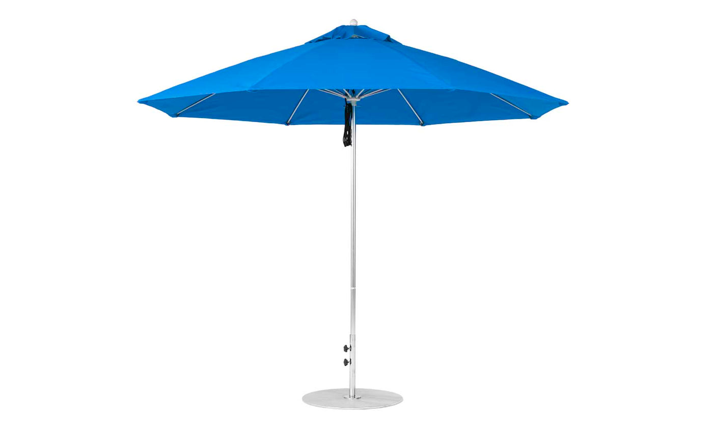 The Ledge Lounger Essential Fiberglass Umbrella - 11 Octagon Pulley features marine-grade fabrics in blue, a wide canopy on a slender silver pole, and is supported by a round silver base. It stands upright for outdoor use with excellent wind resistance.