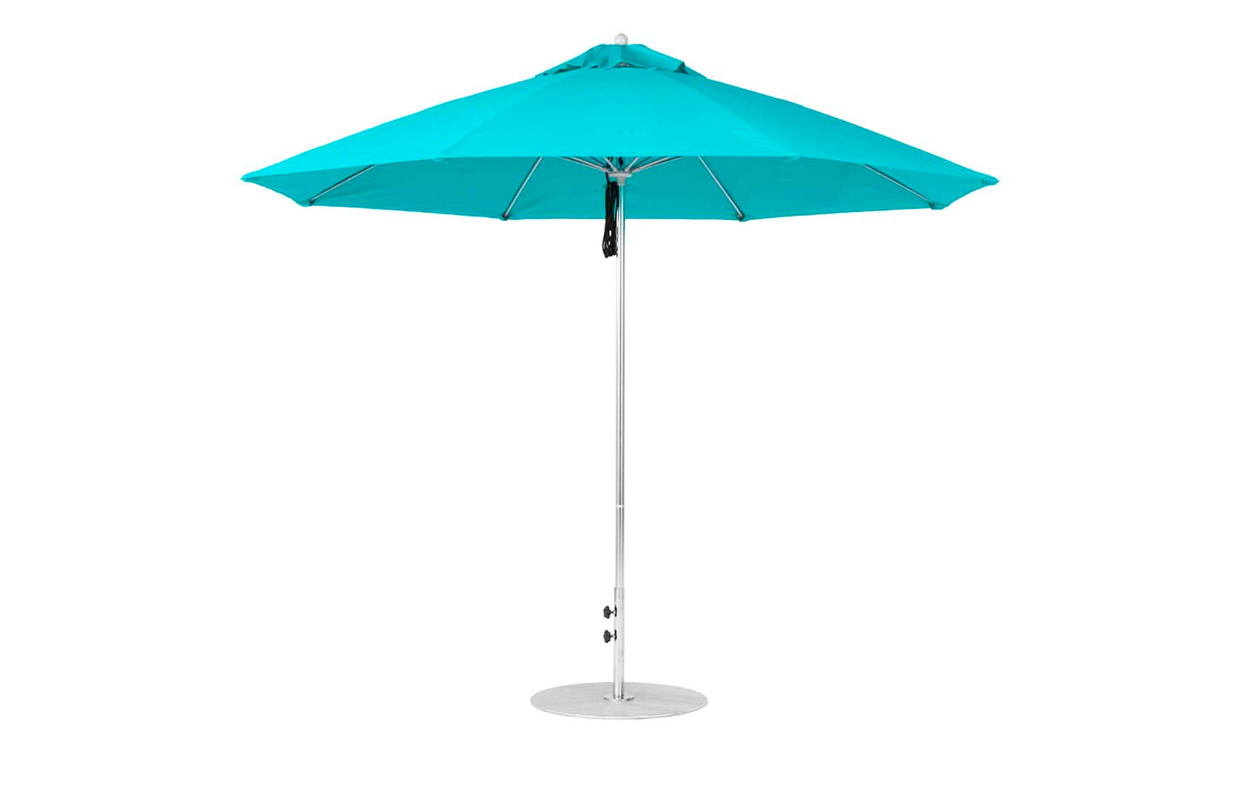An open turquoise Essential Fiberglass Umbrella by Ledge Lounger, featuring an 11 octagon canopy with marine-grade fabrics, stands on a metal pole and base. The adjustable pole tilts for optimal shade against a plain white background.