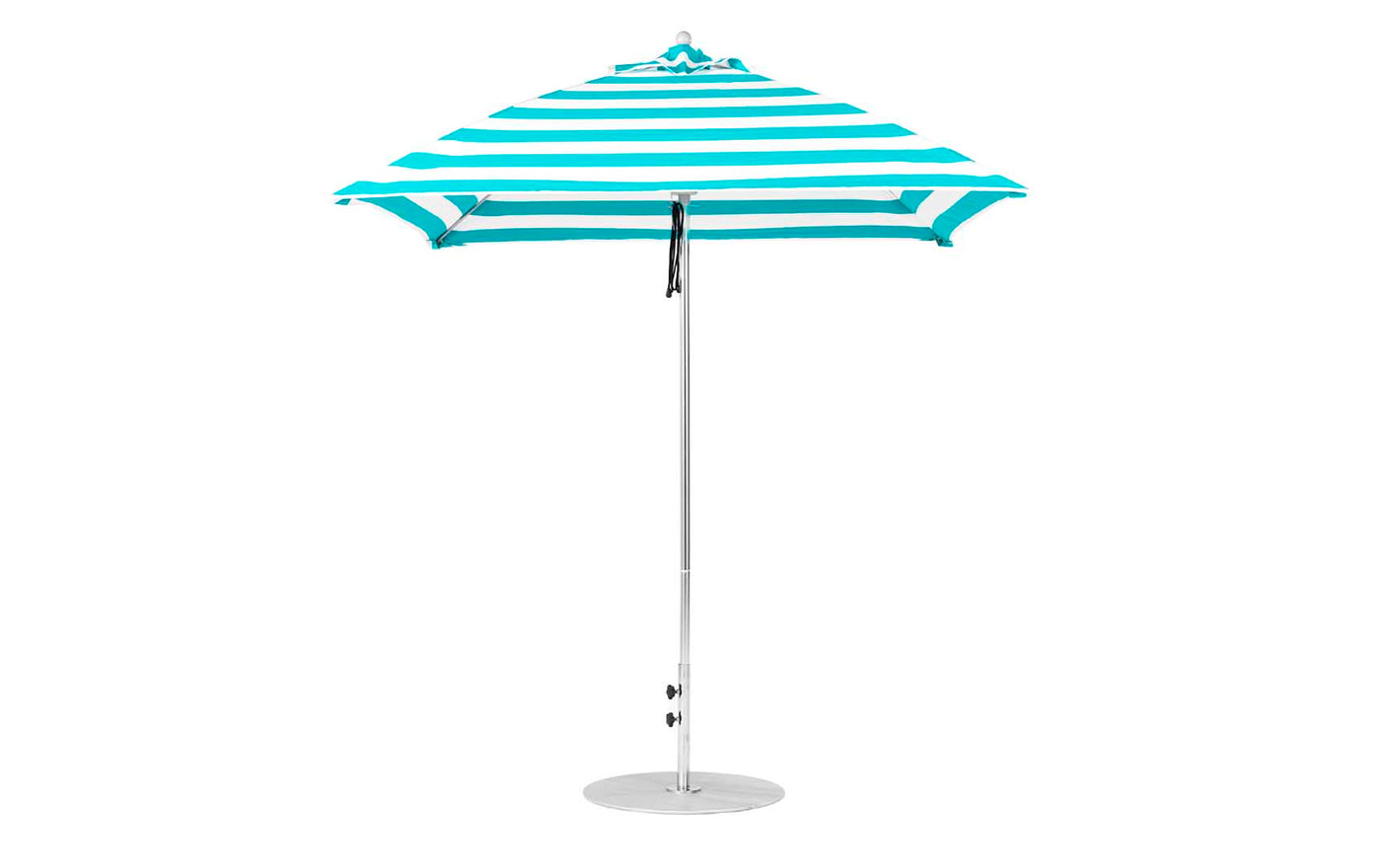 The Ledge Lounger Essential Fiberglass Umbrella - 7.5 Square Pulley, made from marine-grade fabrics with turquoise and white stripes, stands open on a slender silver pole with a round base, ideal for outdoor use at the beach or in a garden.