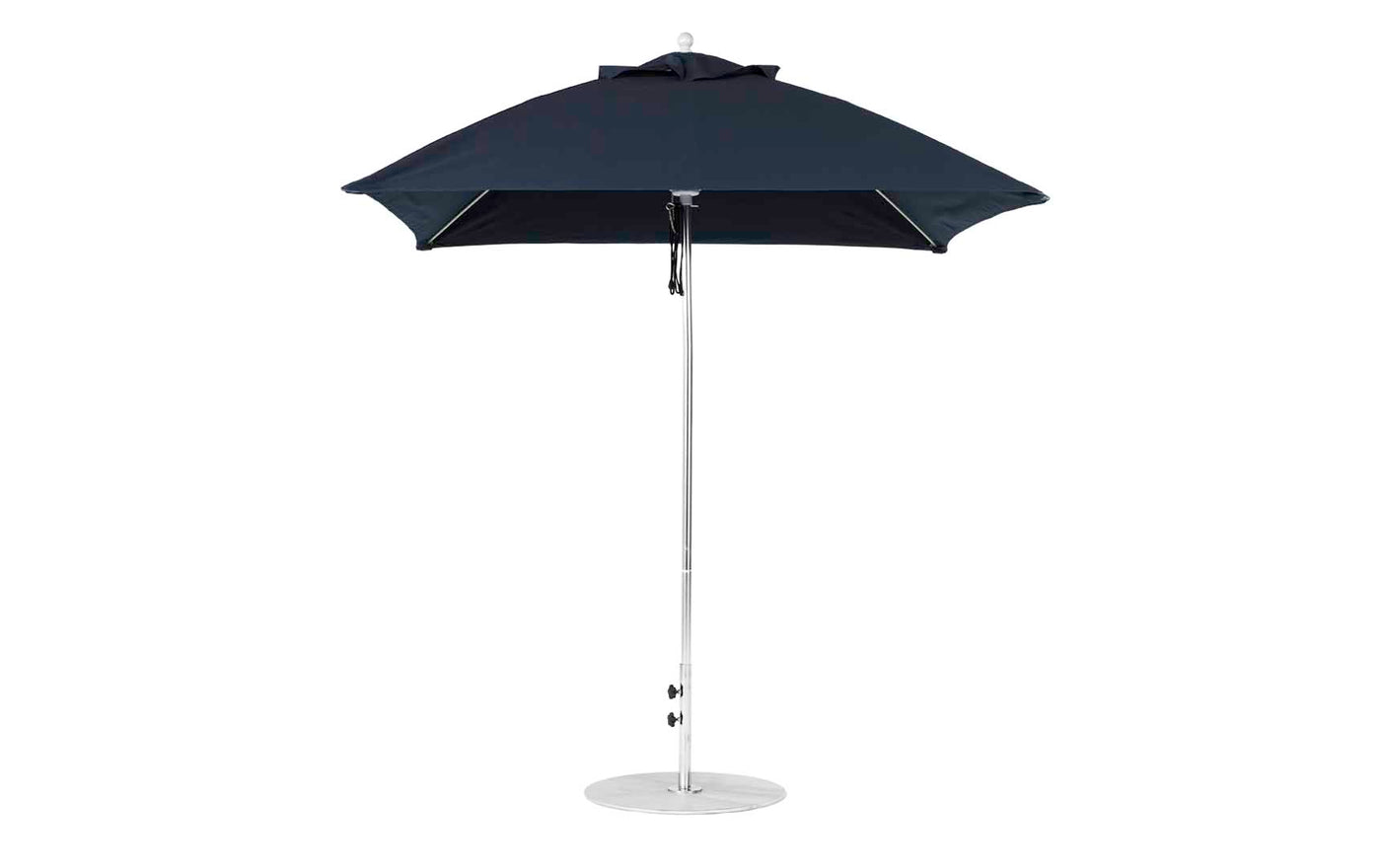 The black Essential Fiberglass Umbrella - 7.5 Square Pulley by Ledge Lounger features a modern design with a silver pole and round base. Made with marine-grade fabrics, it provides optimal shade when fully opened against white backgrounds, ideal for those using the Umbrella Compatibility Matrix outdoors.
