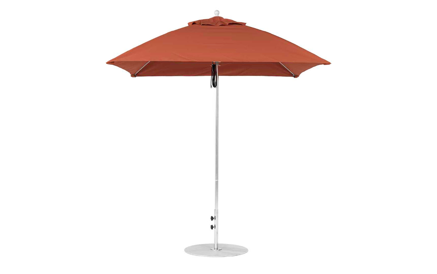 The Essential Fiberglass Umbrella - 7.5 Square Pulley by Ledge Lounger stands upright, its vibrant red marine-grade fabric canopy fully open on a silver pole with neat stitching and supported by a round metal base against a white background.