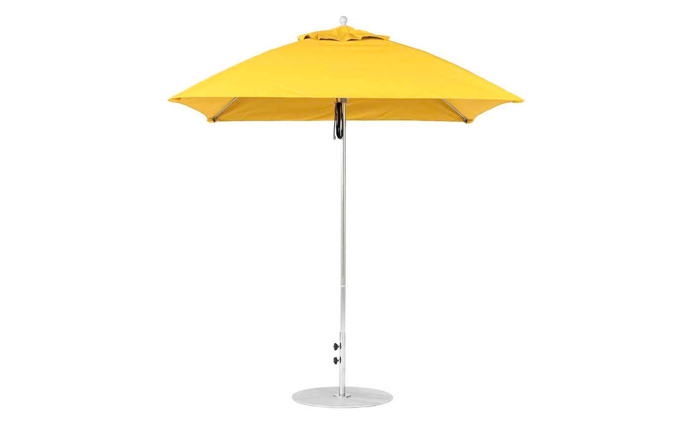 The closed yellow Essential Fiberglass Umbrella - 7.5 Square Pulley by Ledge Lounger stands on a sleek metallic pole with a round base. Built from marine-grade fabrics, its vibrant canopy is neatly folded, ideal for both in-pool and on-deck use.