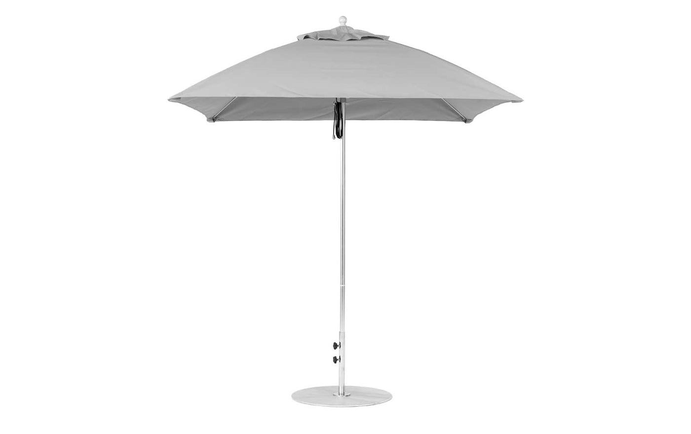 The Essential Fiberglass Umbrella by Ledge Lounger features a silver pole and marine-grade gray canopy, mounted on a circular base, isolated on a white background.
