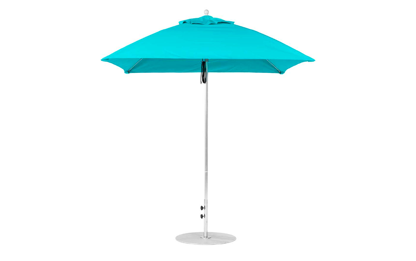 The Essential Fiberglass Umbrella - 7.5 Square Pulley by Ledge Lounger is a turquoise beach umbrella made from marine-grade fabrics with a silver metal pole and base, shown open against a white background, its smooth fabric ensuring durability.