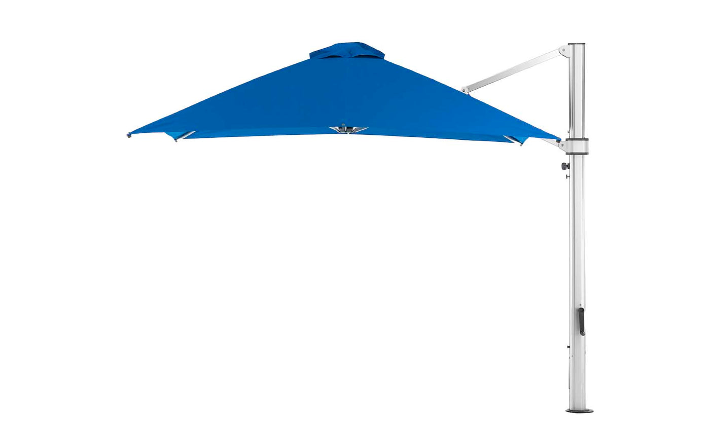 The Ledge Lounger Ultra Cantilever Umbrella features a blue 10 square canopy with a white pole and adjustable arm on the right. Its modern triangular design is enhanced by a rechargeable light, creating a gentle ambiance for your outdoor space.