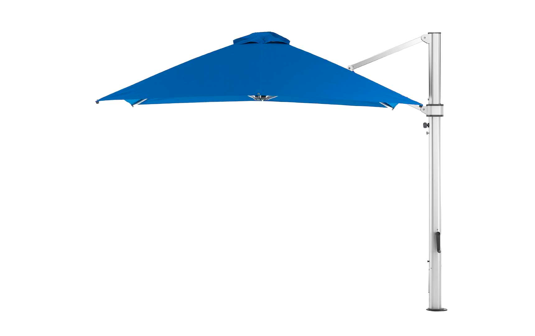 The Ledge Lounger Ultra Cantilever Umbrella features a blue 10 square canopy with a white pole and adjustable arm on the right. Its modern triangular design is enhanced by a rechargeable light, creating a gentle ambiance for your outdoor space.